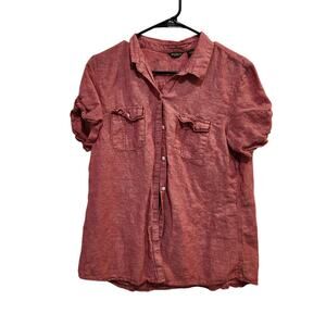 Eddie Bauer Red Linen Blend Pockets Cuffed Short Sleeves Button Up Shirt Large